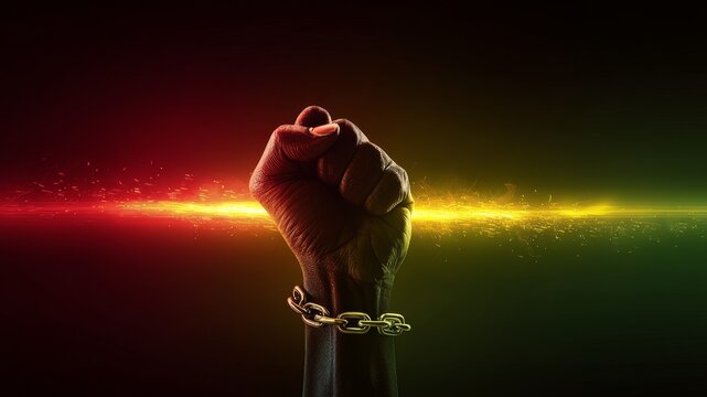 A black hand with a clenched fist is raised, adorned with a chain. The background features Pan-African colors of red, yellow, and green, symbolizing  June 19th juneteenth day, kwanzaa