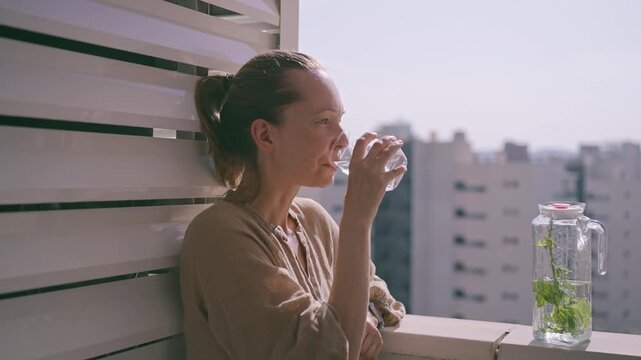 A person sits on a balcony in Benidorm sipping a drink. The sun shines down as they relax and look out over the city. Plants are visible nearby in glass containers