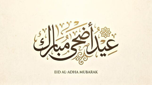 Eid Al-Adha Mubarak Arabic calligraphy greeting for Islamic festival celebration on a cream textured background