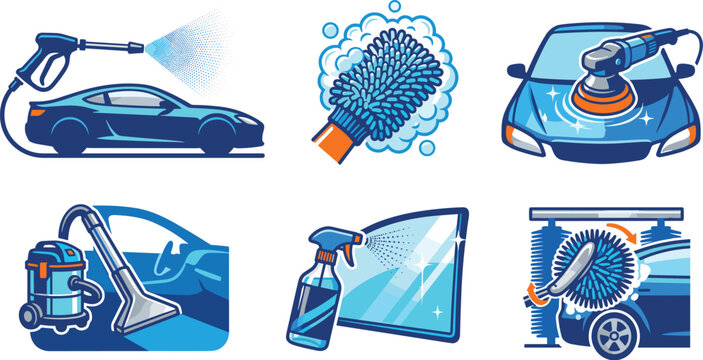 Car Wash Service and Auto Detailing Vector Icon Set with Pressure Washer, Polisher, Vacuum Cleaner, and Window Spray Elements for Garage Branding Designs