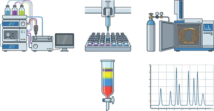 Laboratory Chromatography Equipment Vector Illustration Set with HPLC System, Column Separation, Auto Sampler, Gas Cylinder, and Peak Chart for Scientific Research Designs