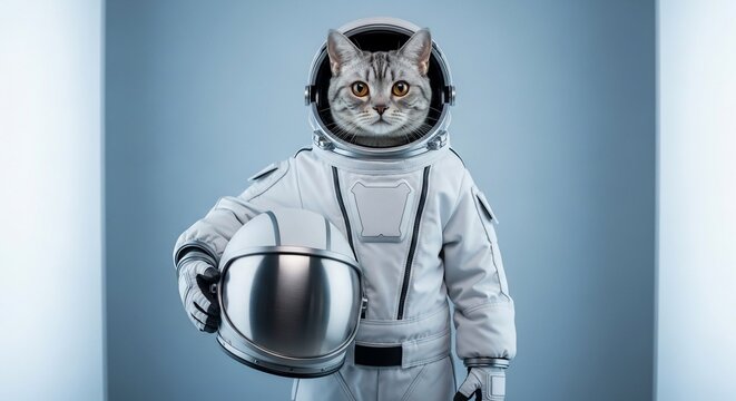 Astronaut cat in space suit holding helmet.