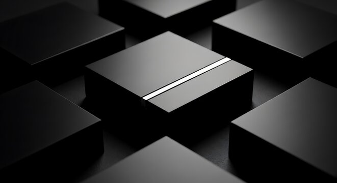 "Grid of matte black cubes with one cube featuring a thin glowing silver metallic line on top, minimalist geometric pattern, high contrast studio lighting"