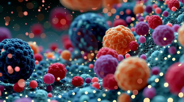microscopic cell surface with colorful viral structures, colorful bacteria and virus visualization on abstract cellular landscape, microbiology background with vibrant microscopic organisms