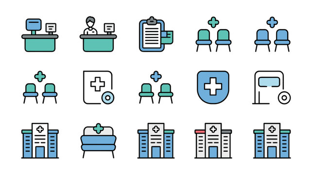 Flat style waiting room and hospital building icons &ndash; Ideal for clinic welcome screens, hospital administrative forms, or health apps.