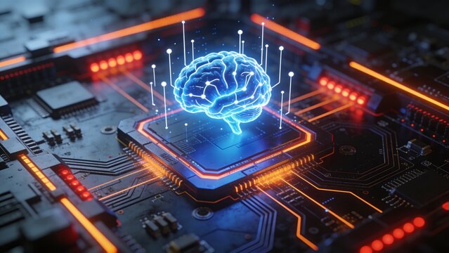 A glowing blue brain illustration emerges from a circuit board with neon orange lights.