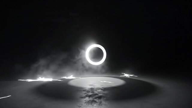 Mysterious glowing circle levitating over a reflective surface in a dark and moody atmosphere