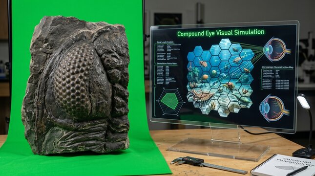Trilobite fossil with digital compound eye simulation on green screen laboratory display