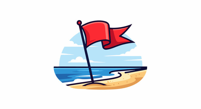A red flag waves on a sandy beach with ocean and clouds in the background