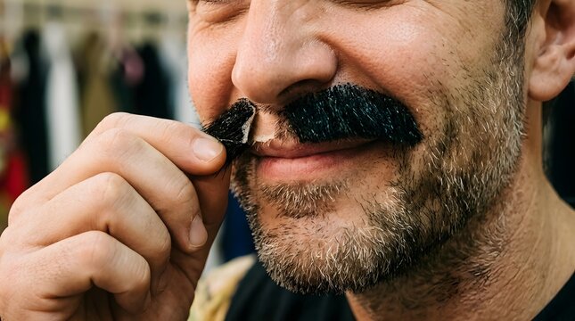 Cheerful bearded man holding a funny fake mustache to his face and smiling, playful young male having fun with a costume prop in a humorous lifestyle portrait expressing joy and good mood