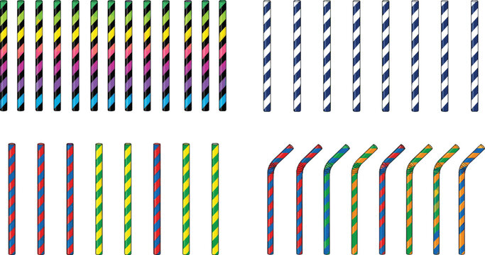 Colorful striped drinking straws set featuring straight and flexible bendy tube variations flat vector illustration collection