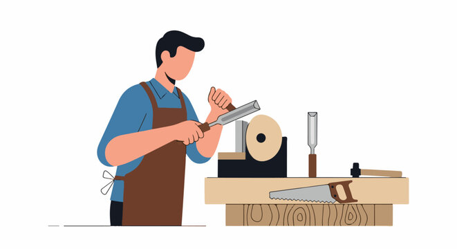 A craftsman sharpens tools on a grinding wheel at a workbench