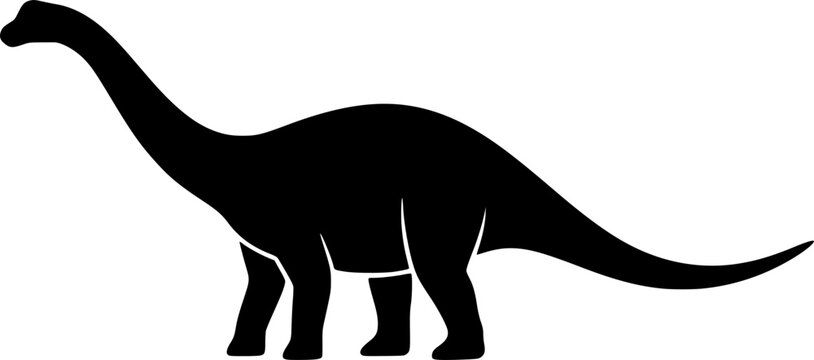 Black silhouette of a dinosaur, specifically a brontosaurus or sauropod, standing alone on white background, side view, prehistoric animal concept
