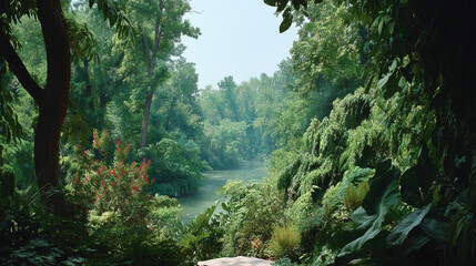 Fototapeta premium Lush green forest canopy looking out over a calm river with landscape wilderness outdoors