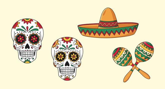 Traditional mexican sugar skulls with a sombrero and maracas celebrate the day of the dead or dia de los muertos holiday.