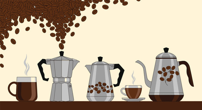 Set of stovetop espresso makers and steaming coffee cups are shown under a rain of falling roasted coffee beans on beige.