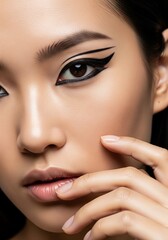 Fototapeta premium Close-up macro shot of a young Asian woman's eye featuring creative, graphic black eyeliner makeup. Her hand with manicured nails gently touches her cheek near her lips.