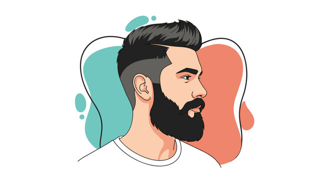 Stylish man with a well groomed beard and undercut hairstyle is shown in profile against a colorful abstract splash design.