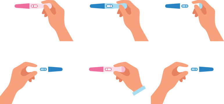 Hand holding pregnancy test stick set showing positive and negative results with lines flat vector illustration