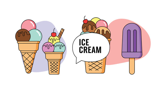 Various delicious frozen treats like ice cream cones with different scoops and a purple popsicle are shown as colorful icons.