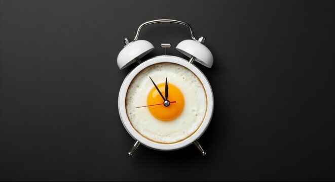 White vintage alarm clock with fried egg inside on dark black background