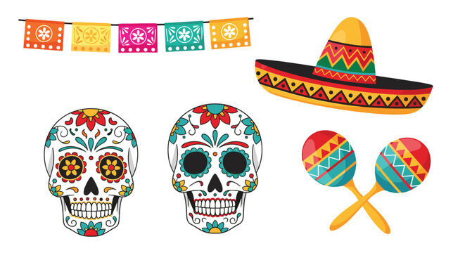 Traditional mexican festival elements like colorful sugar skulls, a sombrero, maracas, and banners celebrate holiday culture.