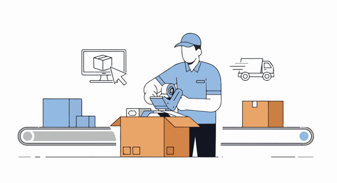 Person packing boxes on conveyor belt with computer and truck icons