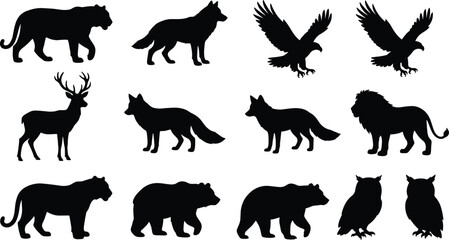 Obraz premium Black silhouette animals set deer elk moose ram goat bear wolf fox