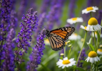 Obraz premium Beautiful monarch butterfly sitting on a purple lavender flower in a sunny summer garden with white daisies