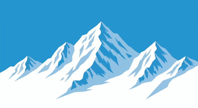 Stylized, snow-covered mountain range under a bright blue sky