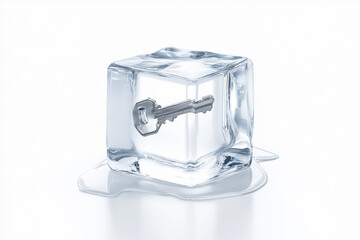Fototapeta premium Silver Key Frozen Inside Clear Ice Cube on White Background_KT161