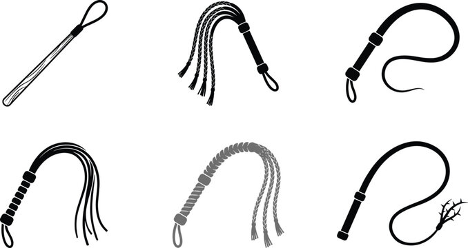 Leather whip and flogger silhouette icon set featuring equestrian bullwhip cat o nine tails and crop vector illustration