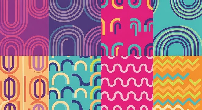 Set of colorful geometric seamless patterns with arches, waves and zigzags