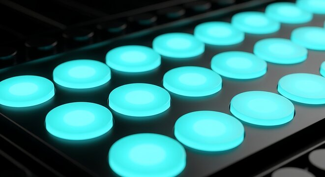 Closeup of a modern electronic music controller with glowing cyan pads