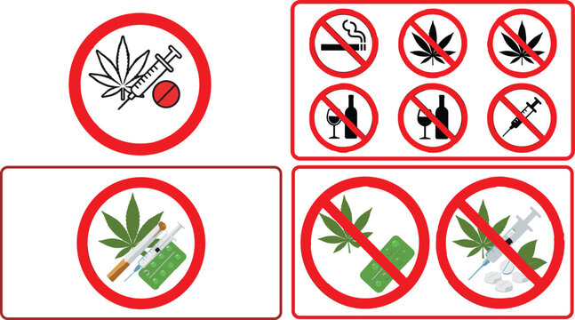 Prohibition sign set featuring no drugs no smoking alcohol restriction and cannabis ban icons flat vector illustration