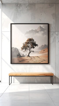 A serene landscape photograph of a tree displayed on a wall with a bench.