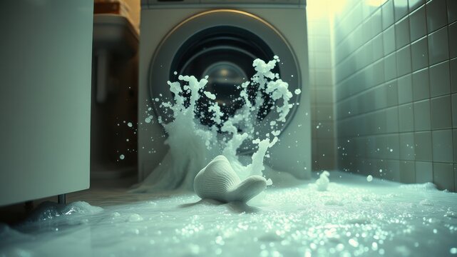 Laundry mishap A sock escapes the washing machine, creating a sudsy flood on the bathroom floor