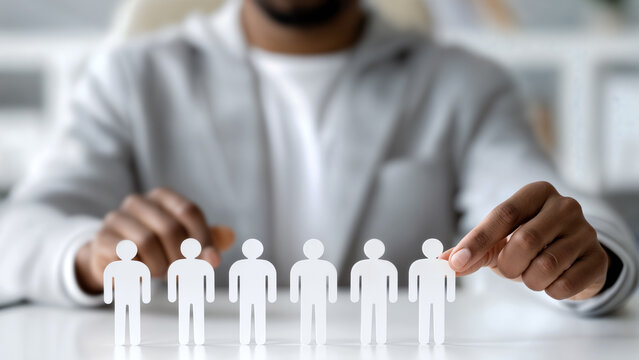 Staffing shortage concept with recruiter selecting employee icon for hiring strategy