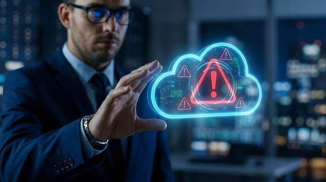 Professional network administrator troubleshooting cloud technology error and digital security threat indicator in dark server room