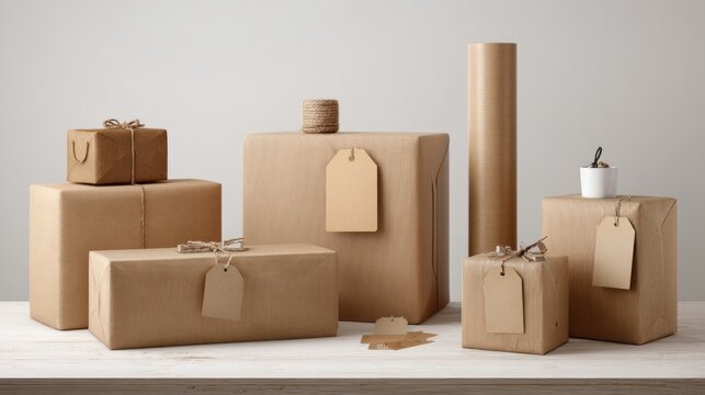 Minimalist kraft paper wrapped gift boxes with blank tags and twine on neutral table