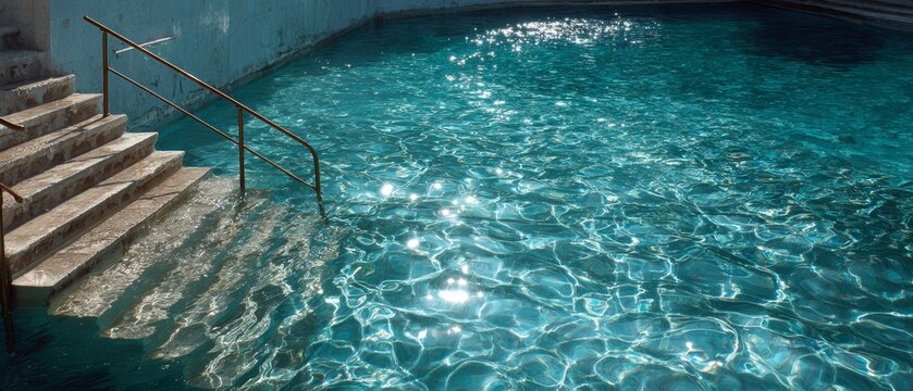 The staircase leads down to a turquoise pool with shimmering water, providing a refreshing backdrop for advertisements for hotels, spas and summer holidays.