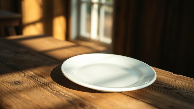 Empty white plate on rustic wooden table bathed in sunlight