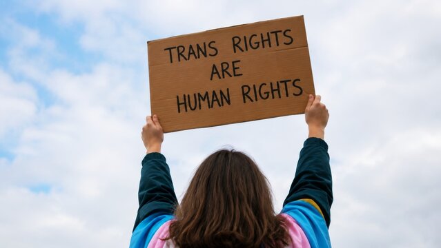 A person holds a sign stating "TRANS RIGHTS ARE HUMAN RIGHTS" at a protest, advocating for LGBTQ+ rights against a cloudy sky backdrop.