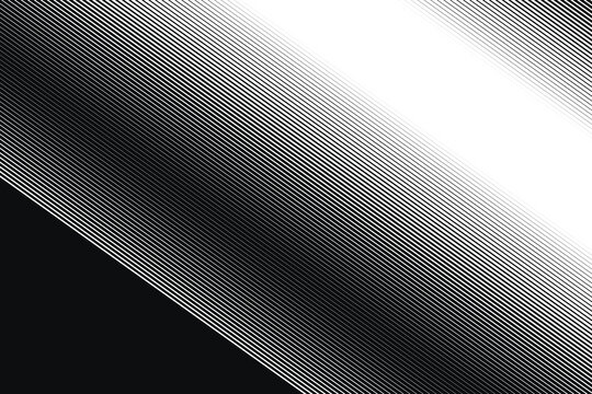 Diagonal black and white halftone line pattern with gradient transition abstract background