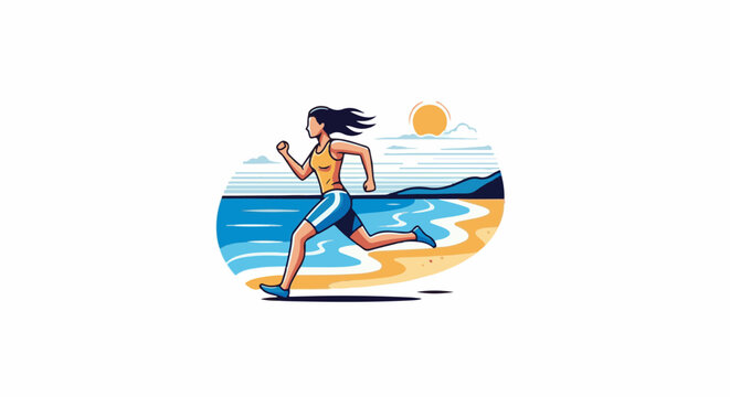 Woman jogging on a sandy beach by the ocean under a bright sun