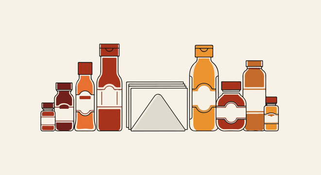 Assortment of stylized bottles and a stack of envelopes on a light background