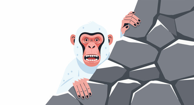 A startled white primate with pink face and sharp teeth peeks from behind rocks