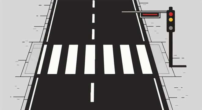 A simple flat illustration of a street crossing with a traffic light