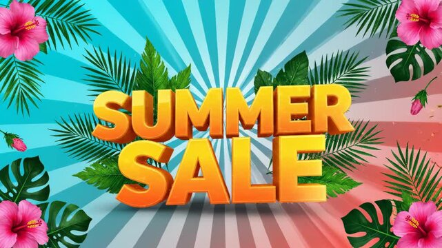 Summer sale 3d text animation with tropical leaves and pink hibiscus flowers on sunburst background