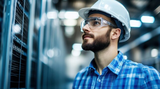 Engineer with hard hat inspecting wiring in industrial environment